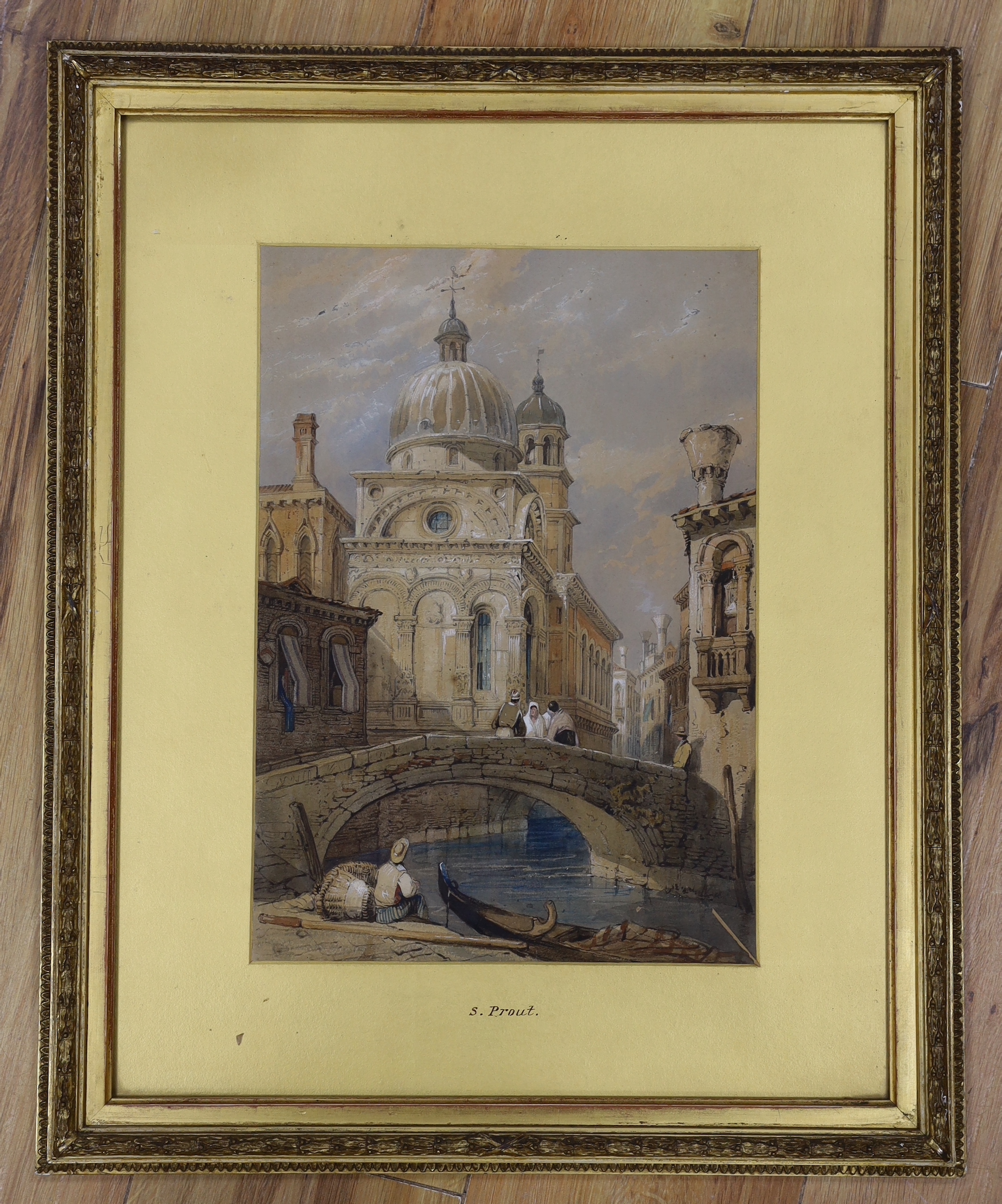 Circle of Samuel Prout (1783-1852), watercolour, Figures on a Venetian bridge, 35 x 24.5cm